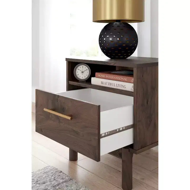 Calverson Nightstand Brown/Beige: Industrial Bedside Table with Storage, Metal Glides