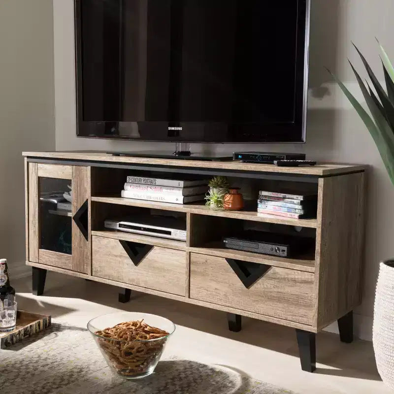 Meuble TV en bois moderne et contemporain Cardiff pour téléviseurs jusqu'à 55" - Brun clair - Baxton Studio : Meuble de divertissement avec rangement