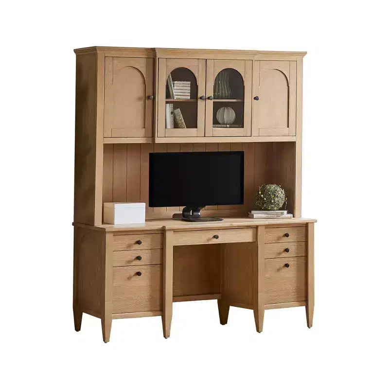 Modern Wood Credenza and Hutch Laurel Collection Light Brown: Wire Brushed, Arched Panels
