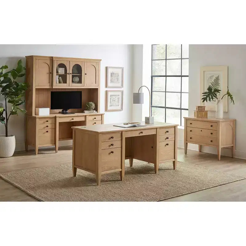Modern Wood Credenza and Hutch – Light Brown, Wire Brushed Arched Panels