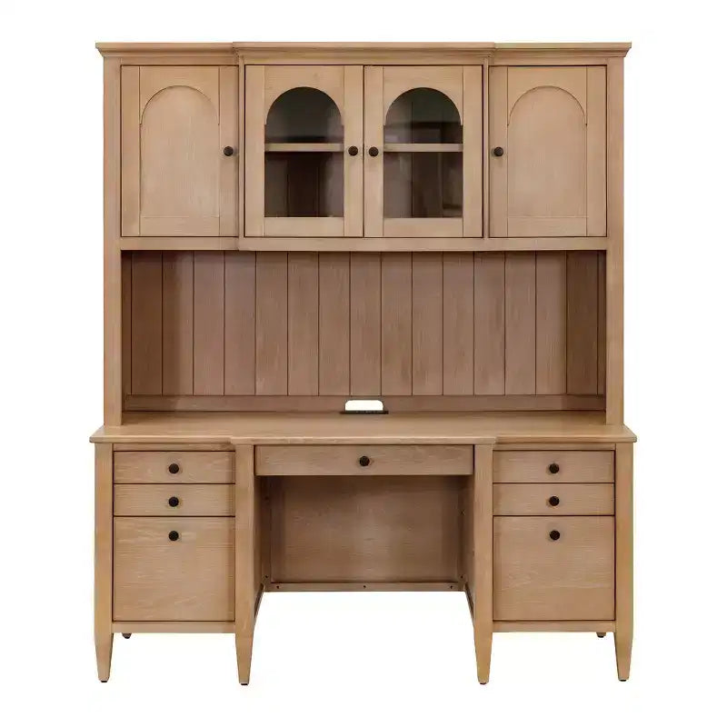 Modern Wood Credenza and Hutch – Light Brown, Wire Brushed Arched Panels