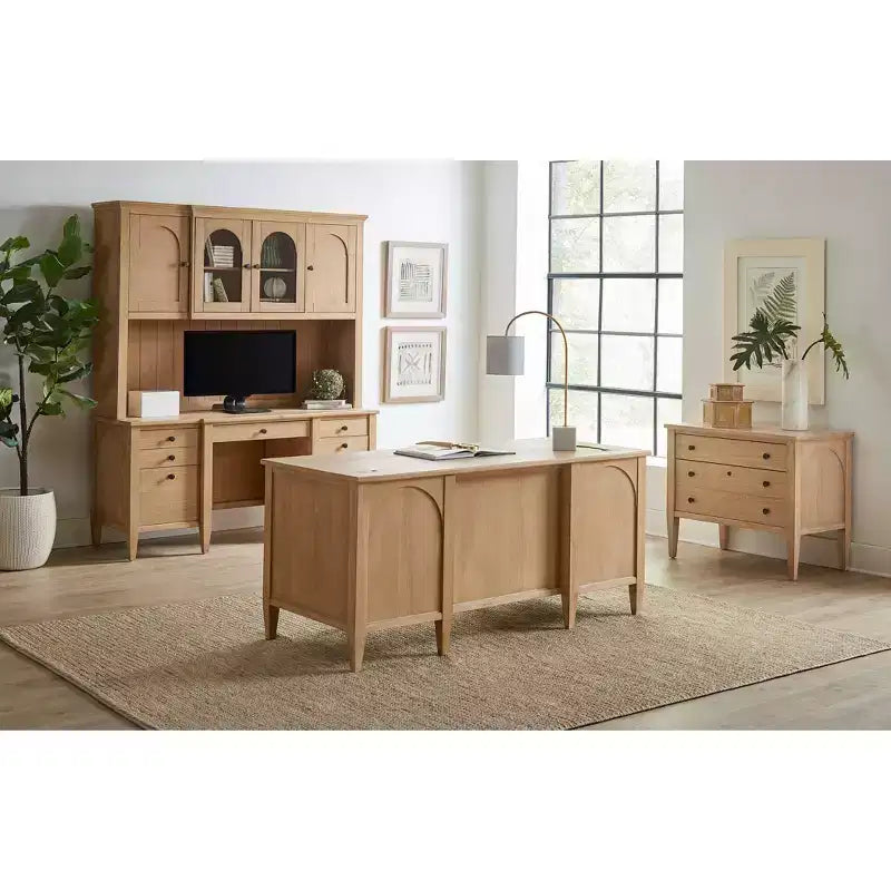 Modern Wood Credenza and Hutch – Light Brown, Wire Brushed Arched Panels
