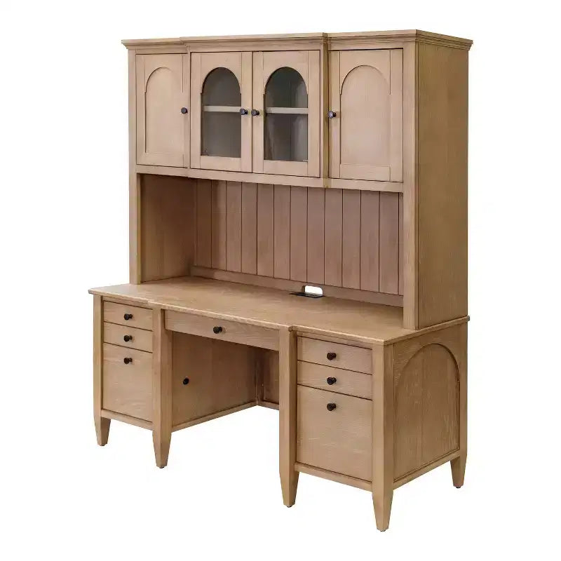 Modern Wood Credenza and Hutch – Light Brown, Wire Brushed Arched Panels