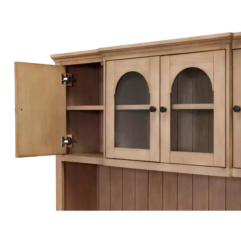 Modern Wood Credenza and Hutch – Light Brown, Wire Brushed Arched Panels