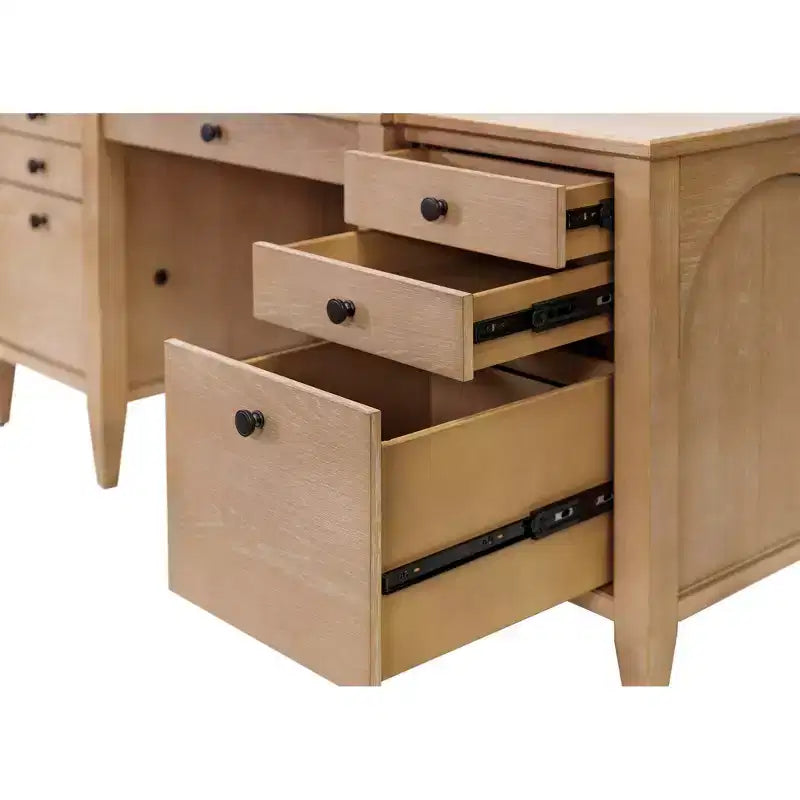 Modern Wood Credenza and Hutch – Light Brown, Wire Brushed Arched Panels