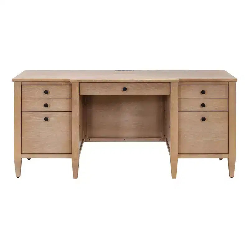 Modern Wood Credenza and Hutch – Light Brown, Wire Brushed Arched Panels