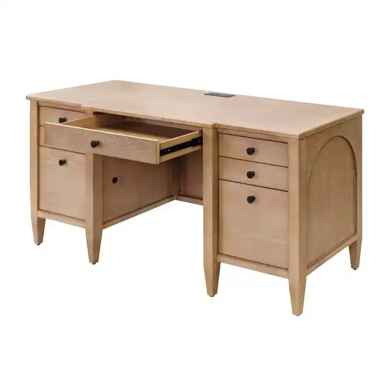 Modern Wood Credenza and Hutch – Light Brown, Wire Brushed Arched Panels