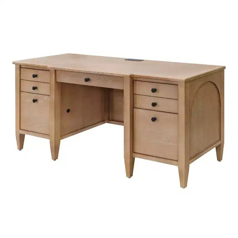 Modern Wood Credenza and Hutch – Light Brown, Wire Brushed Arched Panels