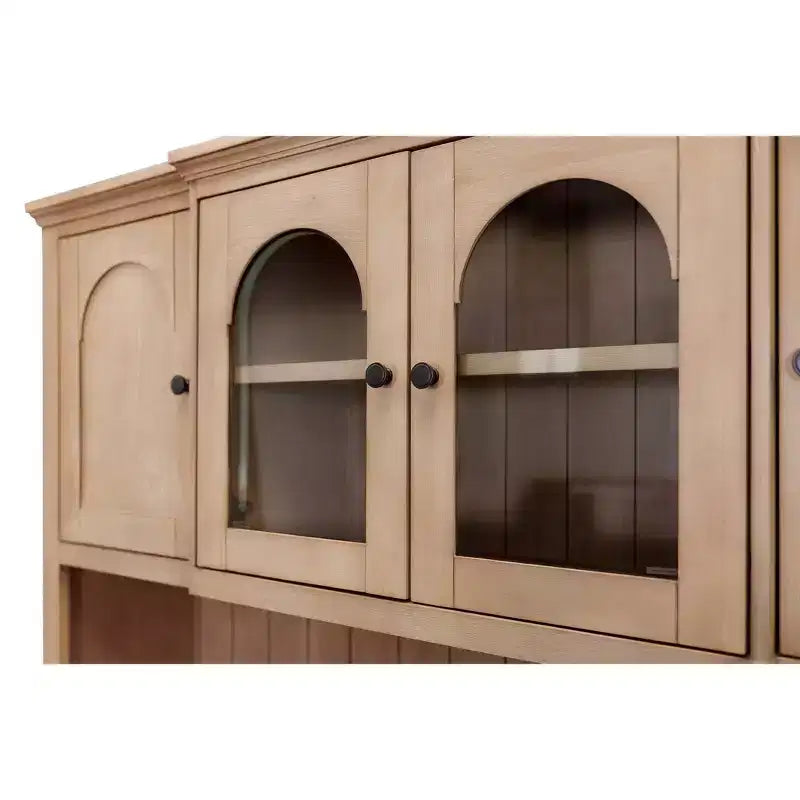 Modern Wood Credenza and Hutch – Light Brown, Wire Brushed Arched Panels