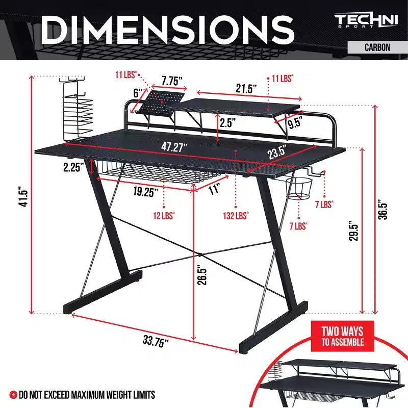 Bureau Gaming Multi-Fonction Carbone Noir - Techni Sport