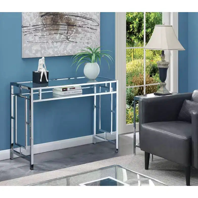 Bureau chromé Town Square avec étagère - Breighton Home : Verre trempé, Bureau, Rangement pour dortoir