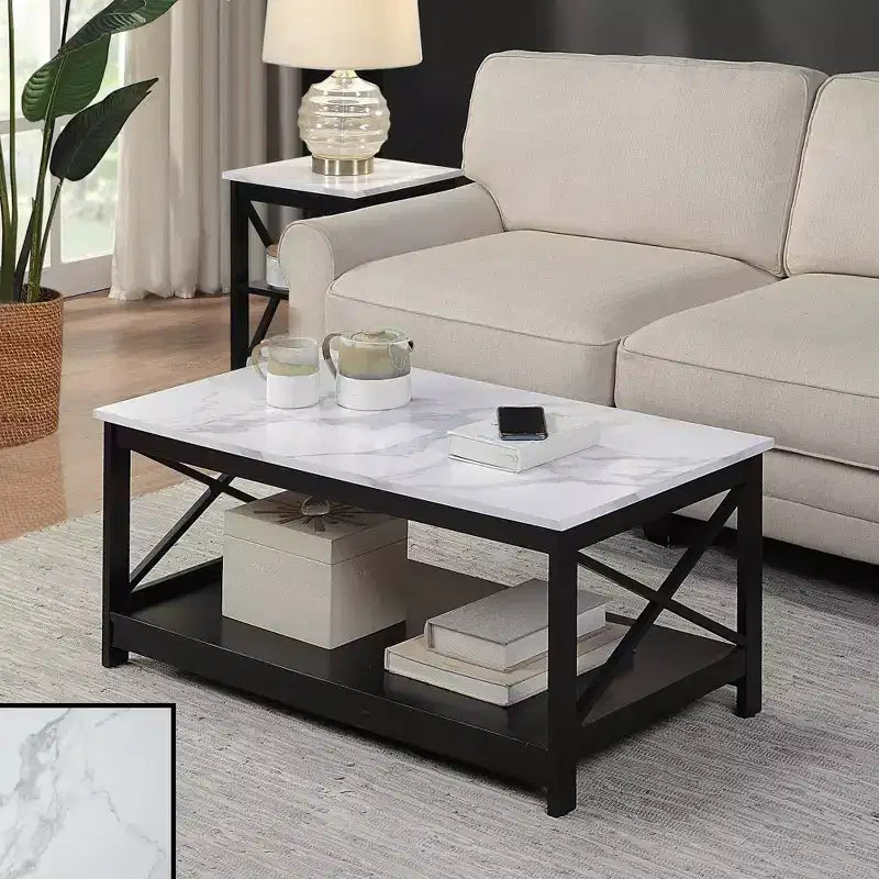 Oxford Coffee Table with Shelf in White Faux Marble/Black