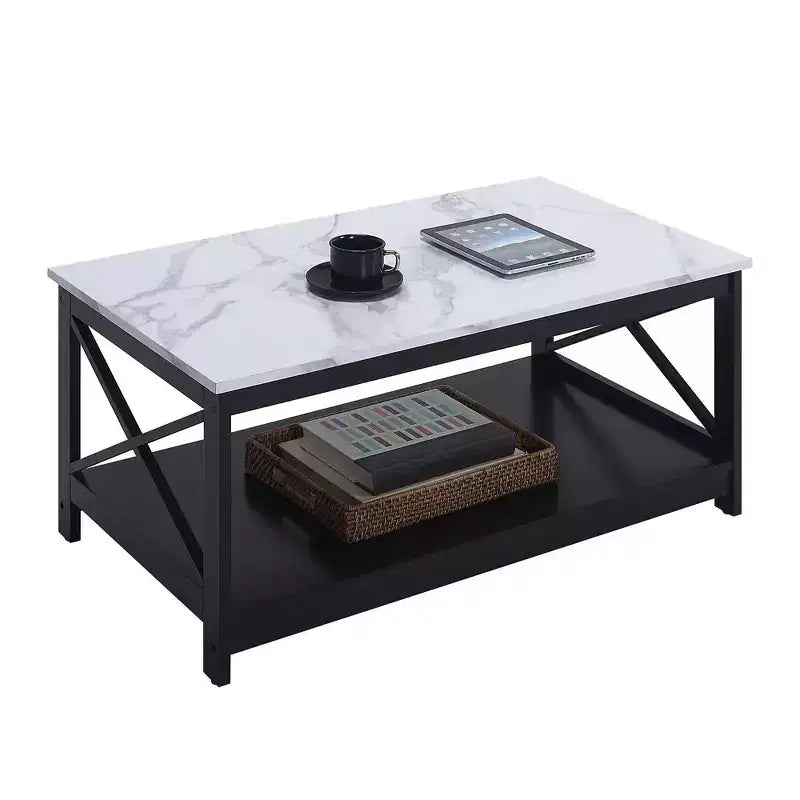 Oxford Coffee Table with Shelf in White Faux Marble/Black