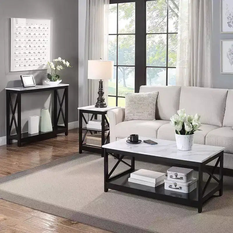 Oxford Coffee Table with Shelf in White Faux Marble/Black