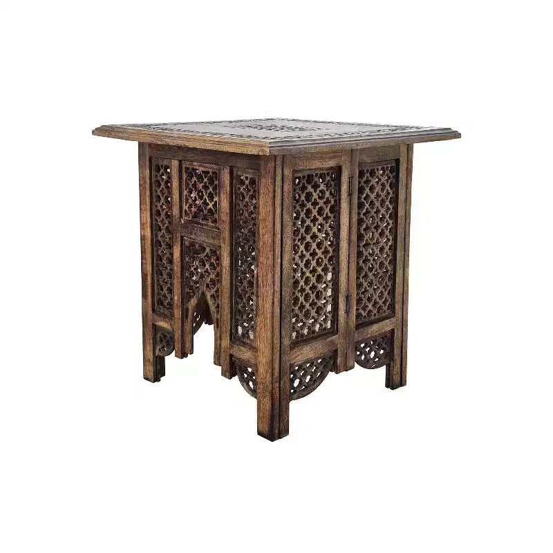 Table d'appoint pliante Boho Urban Port 21 po avec panneaux sculptés de fleurs et pieds en noyer/bois naturel
