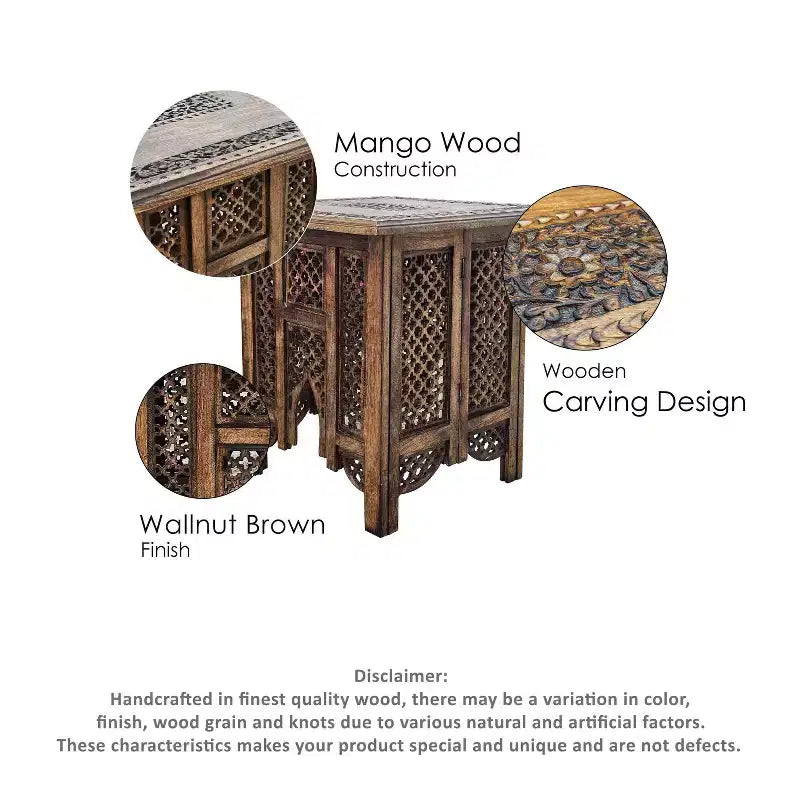 Table d'appoint pliante Boho Urban Port 21 po avec panneaux sculptés de fleurs et pieds en noyer/bois naturel