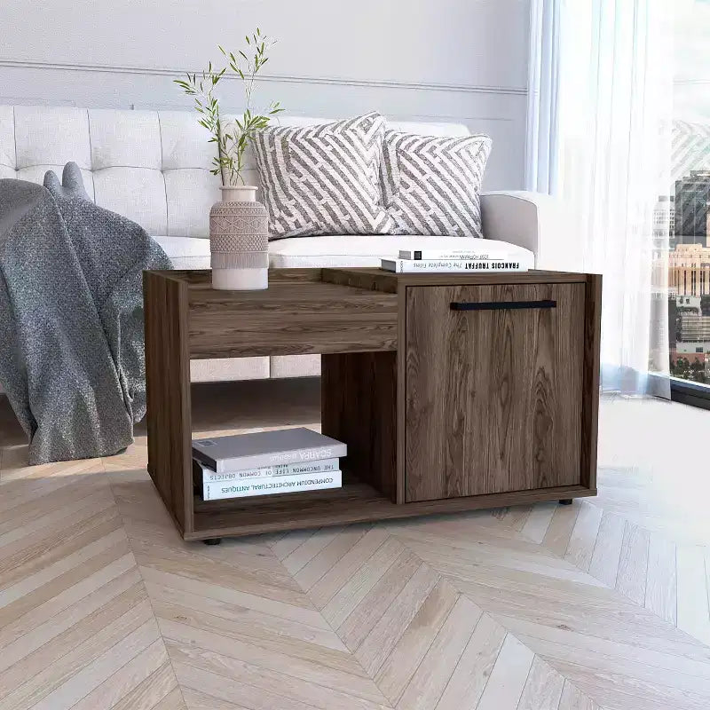 Siena Coffee Table Dark Walnut: With Drawer, Lower Shelf, Modern Ergonomic Design