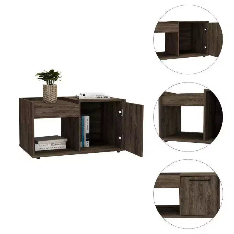 Siena Coffee Table Dark Walnut: With Drawer, Lower Shelf, Modern Ergonomic Design