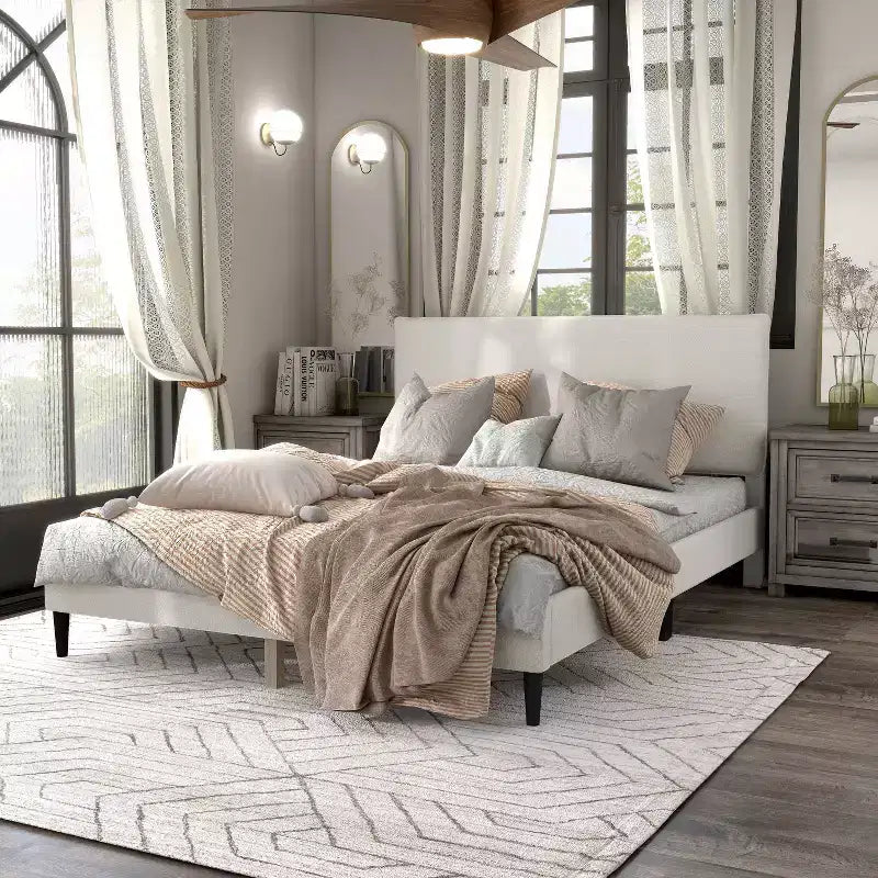 24/7 Shop At Home Lit plateforme avec tête de lit capitonnée Queen Heartwild Modern Boucle : Finition lisse et cadre en bois