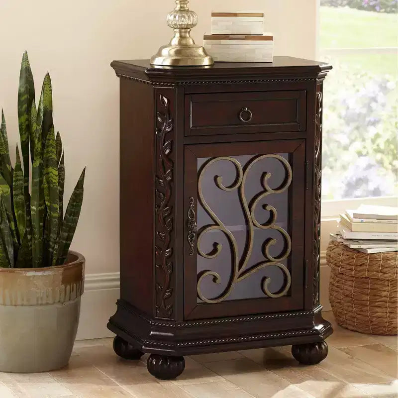 Table d'appoint en bois de cerisier rustique Kensington Hill 22 1/2 x 14 1/2 avec rangement et tiroir, porte vitrée pour salon, chambre à coucher, chevet