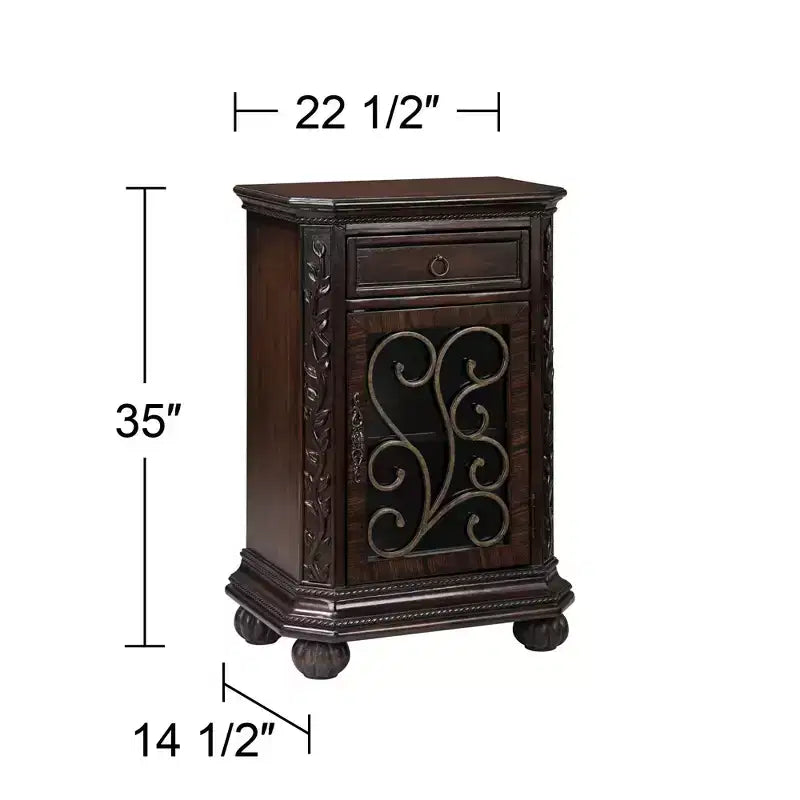 Table d'appoint en bois de cerisier rustique Kensington Hill 22 1/2 x 14 1/2 avec rangement et tiroir, porte vitrée pour salon, chambre à coucher, chevet