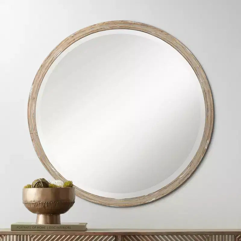 86.4 cm Round Wall Mirror with Faux Wood Finish