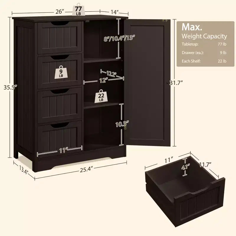 Wooden Bathroom Floor Cabinet with 4 Drawers and 1 Cupboard