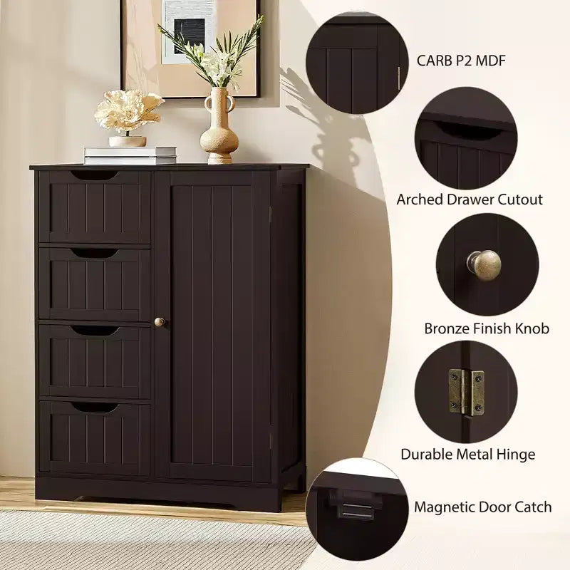Wooden Bathroom Floor Cabinet with 4 Drawers and 1 Cupboard