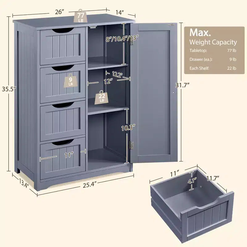 Wooden Bathroom Floor Cabinet with 4 Drawers and 1 Cupboard