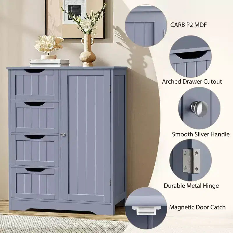 Wooden Bathroom Floor Cabinet with 4 Drawers and 1 Cupboard