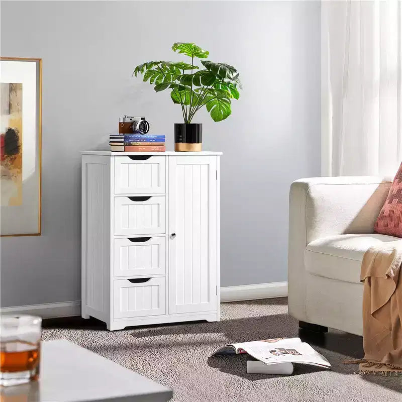 Wooden Bathroom Floor Cabinet with 4 Drawers and 1 Cupboard