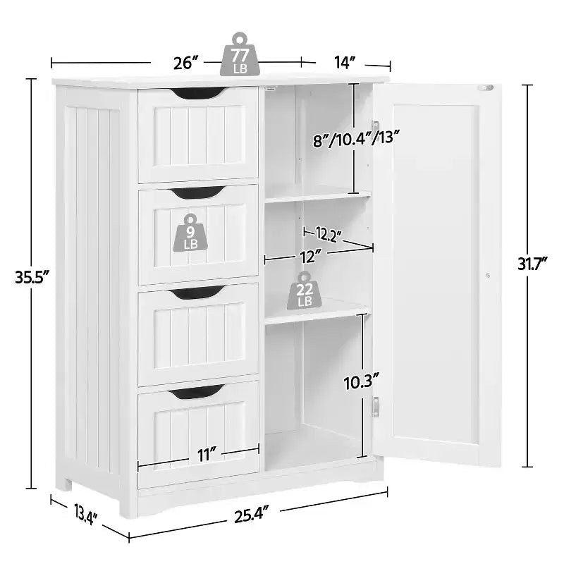 Wooden Bathroom Floor Cabinet with 4 Drawers and 1 Cupboard