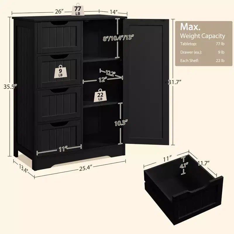 Wooden Bathroom Floor Cabinet with 4 Drawers and 1 Cupboard