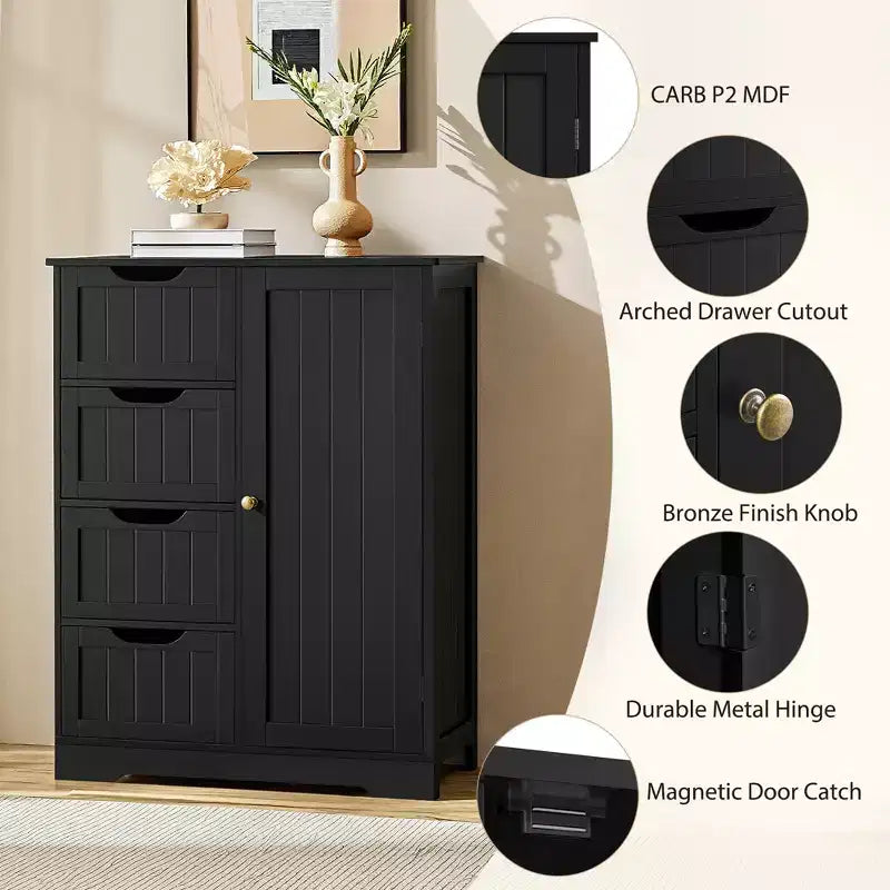 Wooden Bathroom Floor Cabinet with 4 Drawers and 1 Cupboard