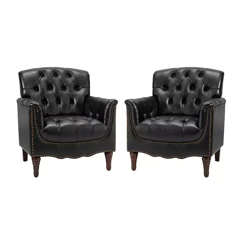 Lot de 2 fauteuils Enrique en cuir véritable avec dossier capitonné | ART OF LIVING DESIGNS