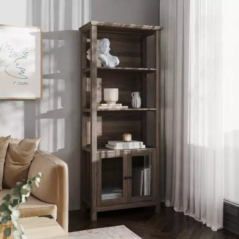 Modern Farmhouse Wooden Bookcase and Storage Cabinet with Tempered Glass Doors and 3 Upper Shelves