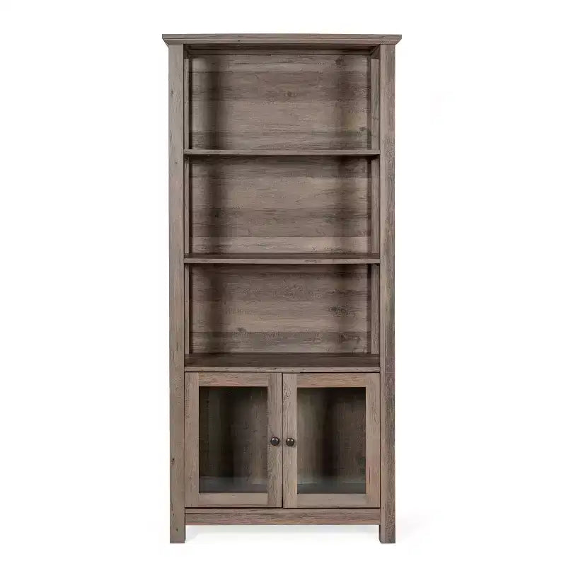 Modern Farmhouse Wooden Bookcase and Storage Cabinet with Tempered Glass Doors and 3 Upper Shelves