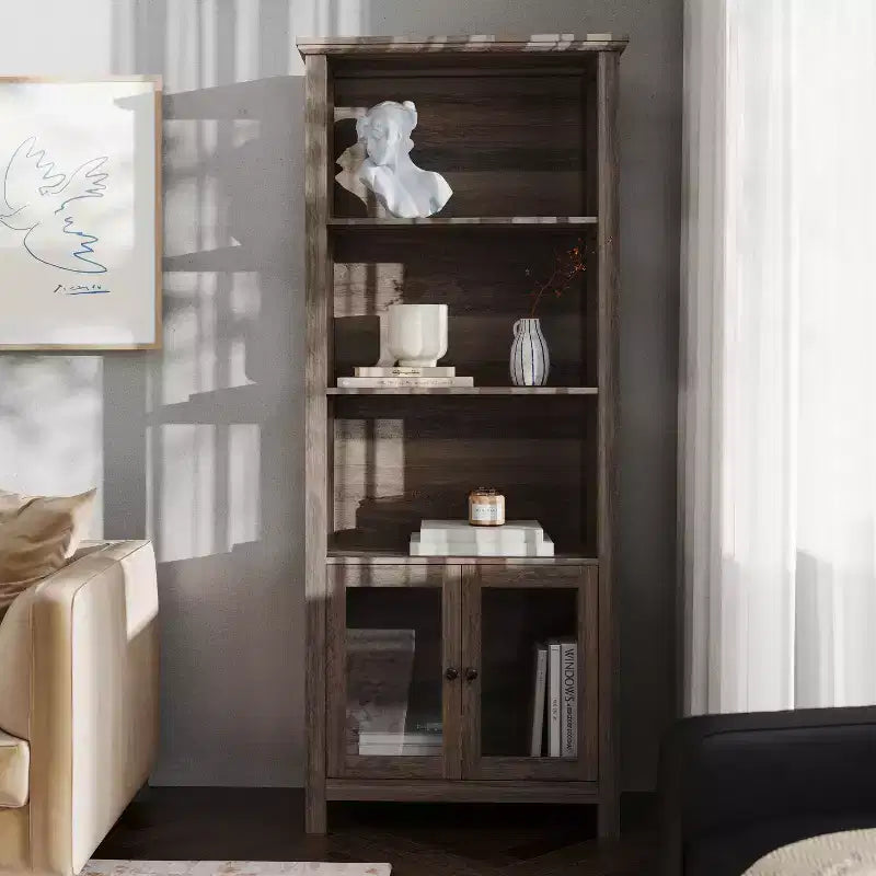 Modern Farmhouse Wooden Bookcase and Storage Cabinet with Tempered Glass Doors and 3 Upper Shelves