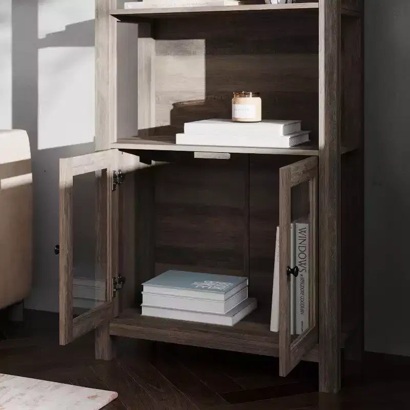 Modern Farmhouse Wooden Bookcase and Storage Cabinet with Tempered Glass Doors and 3 Upper Shelves