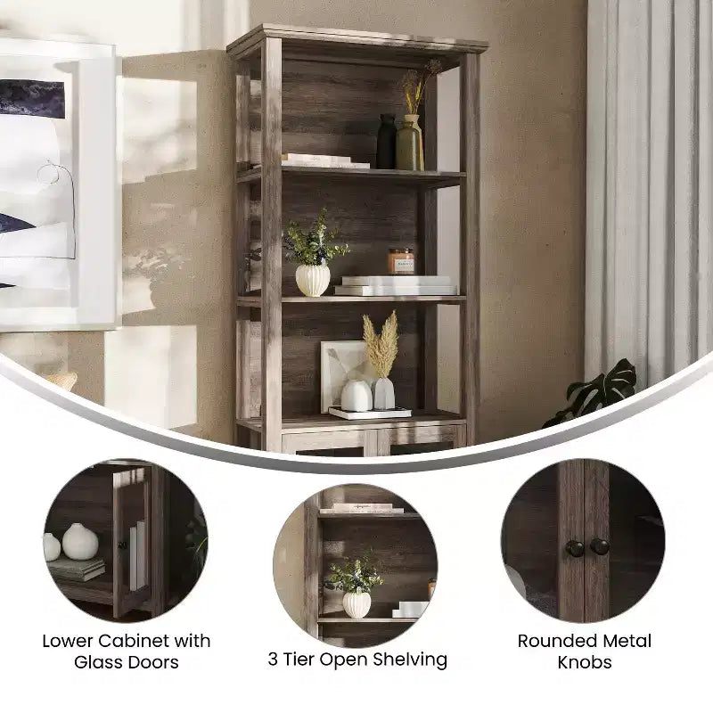 Modern Farmhouse Wooden Bookcase and Storage Cabinet with Tempered Glass Doors and 3 Upper Shelves