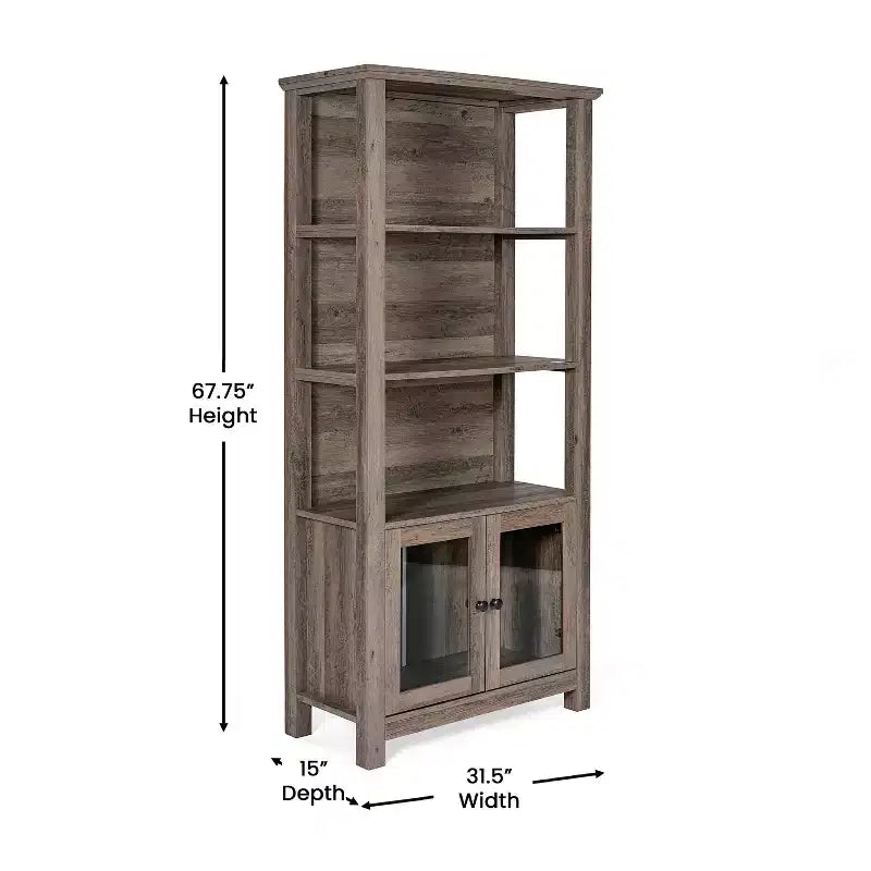 Modern Farmhouse Wooden Bookcase and Storage Cabinet with Tempered Glass Doors and 3 Upper Shelves