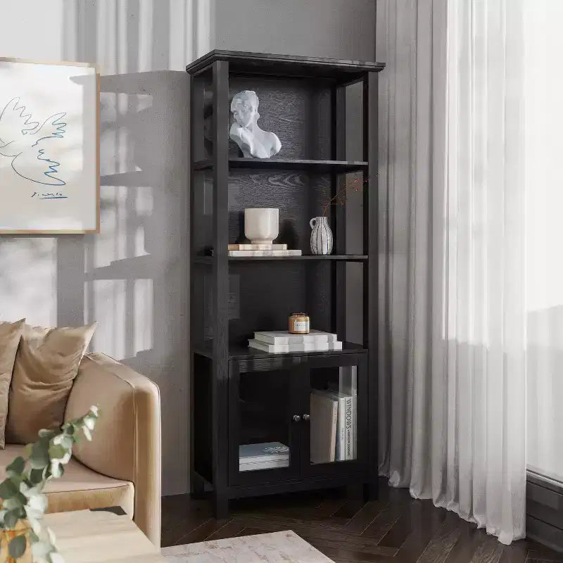 Modern Farmhouse Wooden Bookcase and Storage Cabinet with Tempered Glass Doors and 3 Upper Shelves
