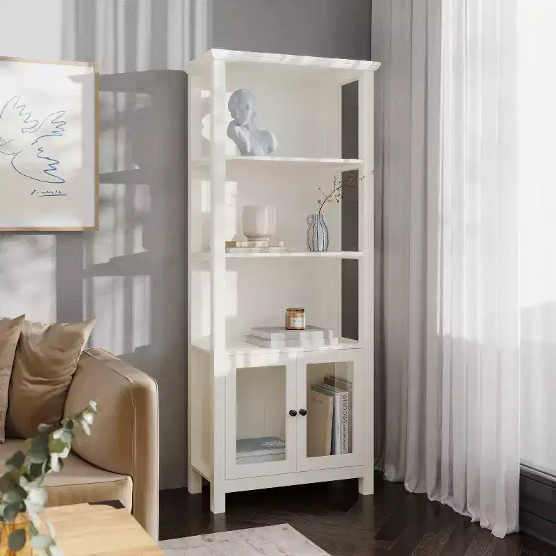 Modern Farmhouse Wooden Bookcase and Storage Cabinet with Tempered Glass Doors and 3 Upper Shelves