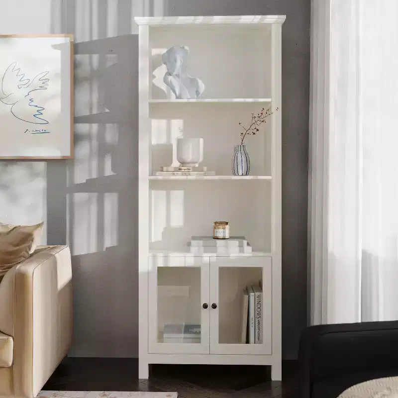 Modern Farmhouse Wooden Bookcase and Storage Cabinet with Tempered Glass Doors and 3 Upper Shelves