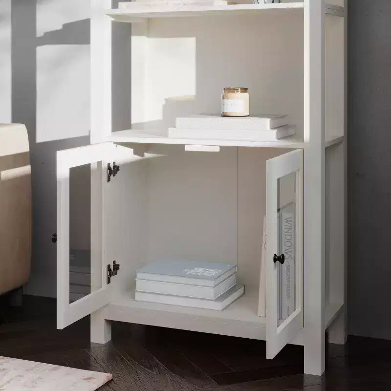 Modern Farmhouse Wooden Bookcase and Storage Cabinet with Tempered Glass Doors and 3 Upper Shelves