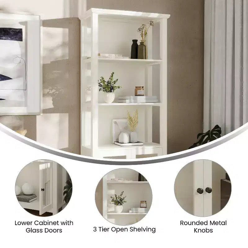Modern Farmhouse Wooden Bookcase and Storage Cabinet with Tempered Glass Doors and 3 Upper Shelves