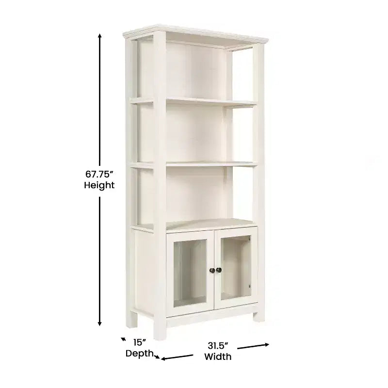 Modern Farmhouse Wooden Bookcase and Storage Cabinet with Tempered Glass Doors and 3 Upper Shelves