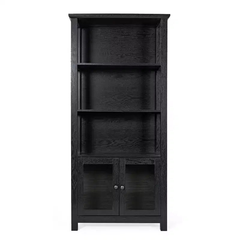 Modern Farmhouse Wooden Bookcase and Storage Cabinet with Tempered Glass Doors and 3 Upper Shelves