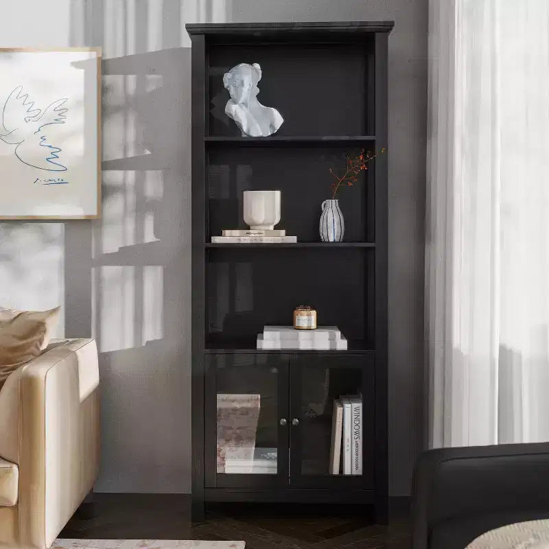 Modern Farmhouse Wooden Bookcase and Storage Cabinet with Tempered Glass Doors and 3 Upper Shelves