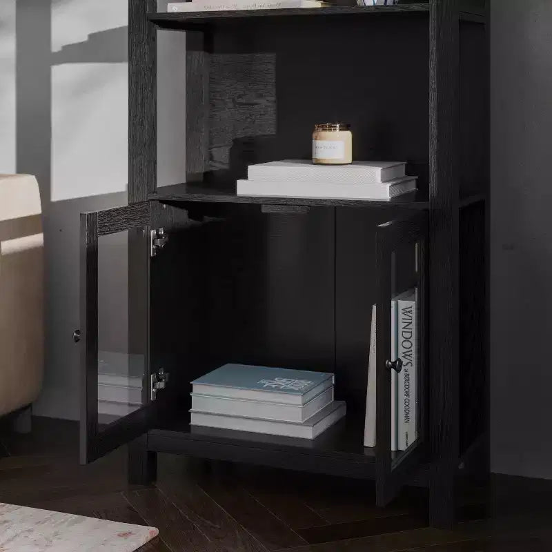 Modern Farmhouse Wooden Bookcase and Storage Cabinet with Tempered Glass Doors and 3 Upper Shelves